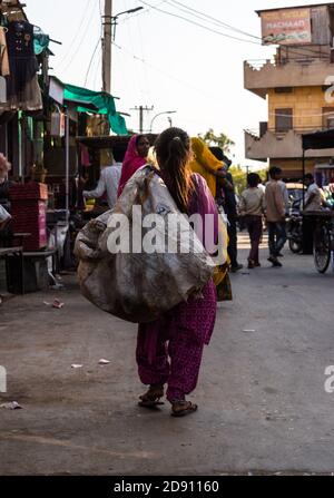 Jaisalmer, Rajasthan / Indien - november 02 2020 : Junge arme Mädchen Abholung bis Wurf trägt auf ihrer Schulter in einem Lappen Stockfoto