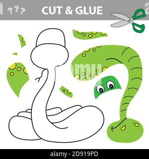 Verwenden Sie Schere und Kleber und stellen Sie das Bild innerhalb der Kontur. Papier Spiel für Kinder. Einfache Anwendung für Kinder mit Green Snake Stock Vektor