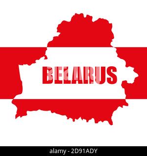 Vektor-Karte von Weißrussland. Wort Belarus. Silhouette. Rot-weiße Demonstranten Flagge. Proteste in Weißrussland nach Wahlergebnissen 2020 Stock Vektor