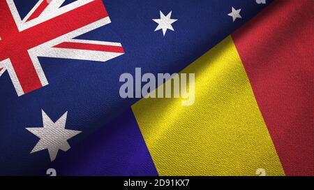 Australien und Rumänien zwei Flaggen Textiltuch, Stoff Textur Stockfoto