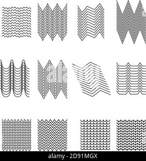 Set 12 aus gewellten, Kreuz-Zick-Zack-Linien, Streifen Design-Elementen Stock Vektor