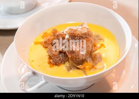 Alba weiße Trüffel auf köstlichen Fontina Käse Fondue in einer weißen eleganten Keramik-Tasse mit zwei Griffen auf der Untertasse, close up geschnitten Stockfoto