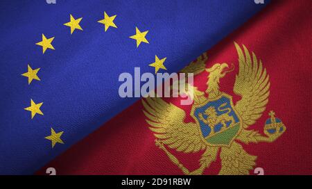 Europäische Union und Montenegro zwei Flaggen Textiltuch, Stoff Textur Stockfoto