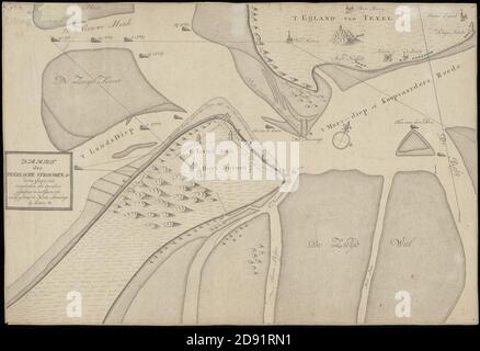 Kaart der Texelsche stroomen betrifft een kaart waarin de situatie van 1715 wordt vergeleken met die van 1776. Bijgevoegd de houte schoeings bij Brief O. Gemerkt no 2. N.B. Lopende van h, Stockfoto