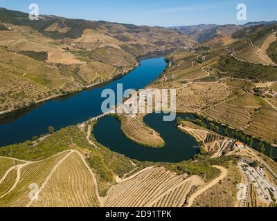 Douro Weinregion, Portugal. Weinberge Landschaft Touristenattraktion und Reiseziel. Drone Luftaufnahme von der Oberseite des s geformten Biegeflusses. Stockfoto
