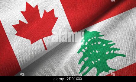 Kanada und Libanon zwei Flaggen Textiltuch, Stoff Textur Stockfoto