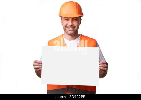 Bauarbeiter Mit Leerem Poster Board Auf Weißem Hintergrund Stockfoto