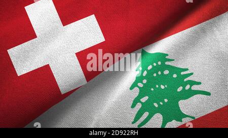 Schweiz und Libanon zwei Flaggen Textiltuch, Stoff Textur Stockfoto