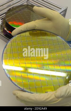 Silizium-Wafer in Stahl-Halter-Box nehmen von Hand in Handschuhen- EIN Wafer ist eine dünne Scheibe Halbleitermaterial, wie ein kristallines Silizium, verwendet Stockfoto