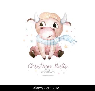 Aquarell Cartoon Illustration. Symbol des Jahres 2021. Lustig und niedlich Bull. Weihnachtsdarstellung. Stockfoto