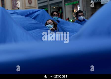 Madrid, Spanien; 02/11/2020.- Bewegung gegen das Aussterben der Klimakrise Rebellion (XR) hat heute die Gran Vía von Madrid mit einer Menschenflut besetzt, um die wachsende Zahl von Menschen, die von dem Anstieg des Meeresspiegels infolge der ökologischen Notlage betroffen sind, sichtbar zu machen.Sie sind inspiriert von der Arbeit «divisor», Von der brasilianischen Künstlerin Lygia Pape, um eine auffällige zivile Ungehorsam Aktion zu erreichen. Etwa dreißig Menschen marschieren unter einer 150 Quadratmeter großen Leinwand "Wir sind mit Wasser bis zum Hals", sagen sie aus der Bewegung sie darauf hinweisen, dass die Zahl der Klima Vertriebenen lag bei 25 Millionen im Jahr 2019, und t Stockfoto