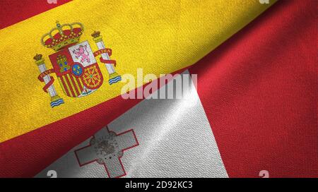 Spanien und Malta zwei Flaggen Textiltuch, Stoff Textur Stockfoto