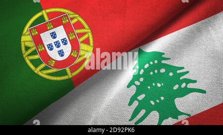 Portugal und Libanon zwei Flaggen Textiltuch, Stoff Textur Stockfoto