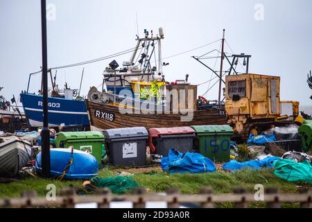 Angelboote in Hastings, Sussex Stockfoto