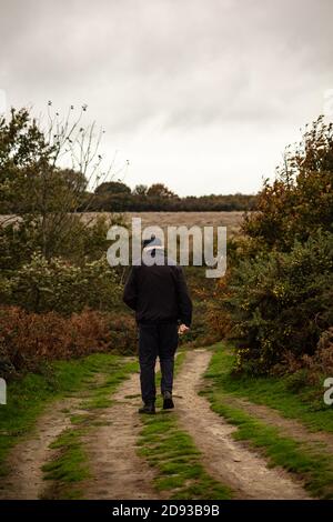 Ein alter Mann, der durch die Feuereichs in Fairlight, in der Nähe von Hastings, geht Stockfoto