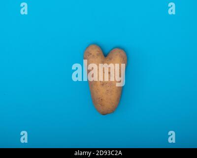 Kartoffeln in Form von Herz auf blauem Hintergrund Stockfoto