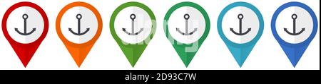 Anker Vektorzeiger, Satz von bunten flachen Design-Symbole isoliert auf weißem Hintergrund Stock Vektor