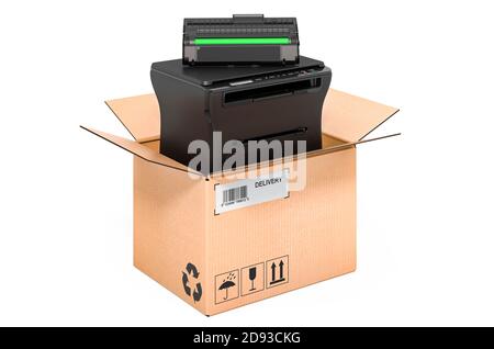 Drucker-MFP im Karton, Lieferkonzept. 3D-Rendering auf weißem Hintergrund isoliert Stockfoto