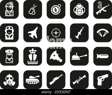 Militär Oder Armee Icons Weiß Auf Schwarz Flat Design Set Groß Stock Vektor