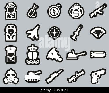Militär Oder Armee Icons Weiß Auf Weiß Sticker Set Groß Stock Vektor