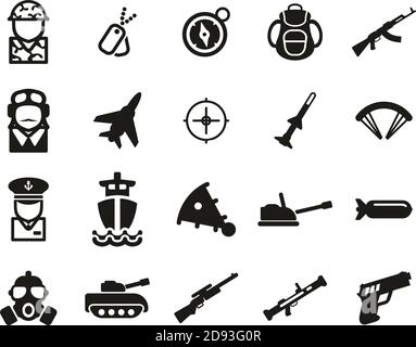 Militär Oder Armee Icons Schwarz & Weiß Set Groß Stock Vektor