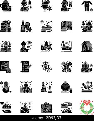 Winter Spaß schwarzen Glyphen Symbole auf weißem Raum gesetzt Stock Vektor