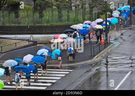 Studenten mit bunten Regenschirmen überqueren die Straße an einem regnerischen Tag, Tokio, Japan Stockfoto