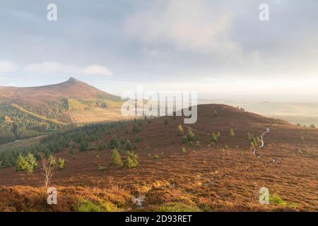 Ein Blick vom Millstone Hill in Aberdeenshire zeigt den Wanderweg Schon früh in Richtung Mither Tap in den Bennachie Hills Ein sonniger Herbstmorgen Stockfoto