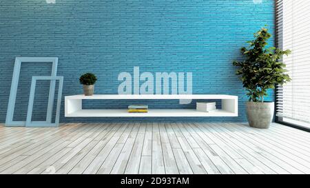 Minimalistisches Design tv vereinen für moderne Büro oder zu Hause. Gedanken Design-Idee mit blauen Ziegelwand, Bilderrahmen und Pflanzen 3D-Rendering Stockfoto