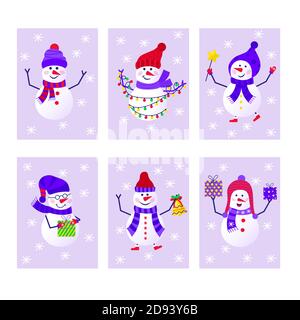 Frohe Weihnachten Kollektion von niedlichen Grußkarte mit Schneemann und Schneeflocken für glückliches neues Jahr Geschenke. Skandinavischer Stil Set für Einladung, Kind Stock Vektor