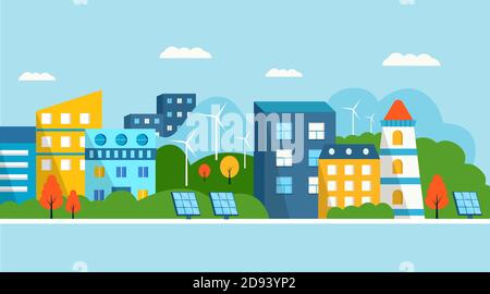 Grünes modernes Haus mit Sonnenkollektoren und Windturbine. Umweltfreundliche alternative Energie. Ökosystem Stadtlandschaft. Flache Vektorgrafik. Stock Vektor