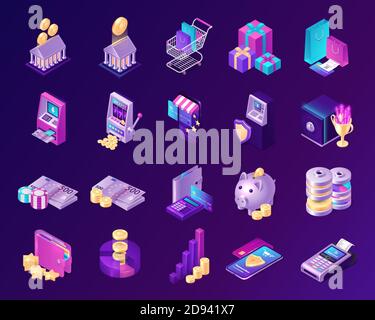 Isometrische Finanzsymbole mit Geld, Bank, Karten und geldautomaten. Vector Satz von wirtschaftlichen Zeichen von Kredit, Zahlung, Währung und Investitionen. Münzen mit Dollar- und Euro-Symbolen, Casino, Geschenk und Smartphone-App Stock Vektor