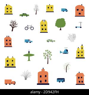 Kinder s Stadtautos mit Häusern und Bäumen installiert. Lustiger Transport. Cartoon Vektor Illustration in einem einfachen Stil für Kinder Stock Vektor