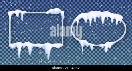 Transparente Rahmen mit realistischen Schnee bedeckt. Gefrorener Winter grenzt an schmelzenden Schnee. Quadratische und elliptische Form mit Eisfrost-Elementen Stock Vektor