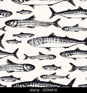 Nahtloses Muster mit Meer- und Meeresfischen im skizzenhaften Stil. Vektor-Illustration von handgezeichneten Makrele, Thunfisch und Speer im Vintage-Stil. Hintergrund Stock Vektor