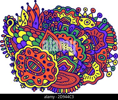 Surreal Doodle Mandala farbenfrohes Design. Lebendige Illustration mit abstrakten floralen Motiven. Psychedelische Textur. Zentangle-Muster. Vektorgrafik Stock Vektor