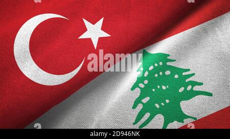 Türkei und Libanon zwei Flaggen Textiltuch, Stoff Textur Stockfoto