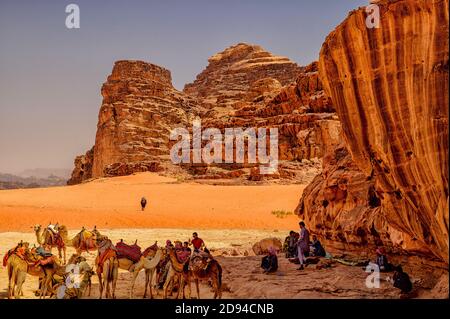 Kamelkarawane ruht während der Hitze des Tages, im Schatten einer Felsformation in der Wadi Rum Wüste Stockfoto