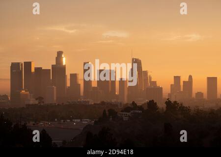 Goldenes Licht über der Skyline von Los Angeles bei Sonnenuntergang Vom Elysian Park aus gesehen Stockfoto