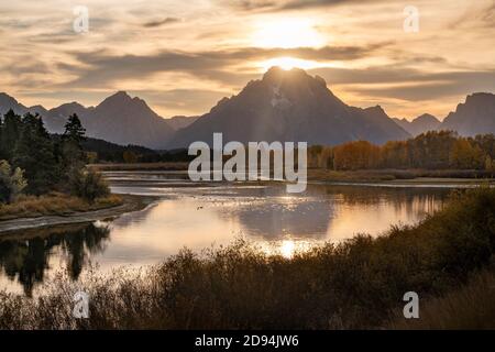 Sonnenuntergang, Oxbow Bend, Enten und Gänse, Grand Teton National Park, WY, USA, von Dominique Braud/Dembinsky Photo Assoc Stockfoto