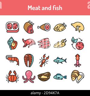 Symbole für Fleisch- und Fischfarblinien sind eingestellt. Isoliertes Vektorelement. Skizzieren Piktogramme für Webseite, mobile App Stock Vektor