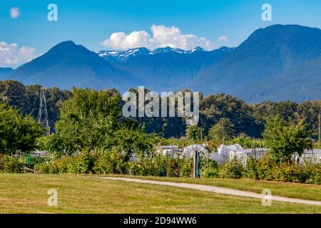 Ein Blick auf die Berge mit ein wenig Schnee auf dem Gipfel. Es gibt Bäume und Gras sowie einige Plastikhütten vor den Bergen. Stockfoto