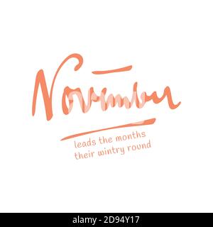 Zitat Im November. Banner für die Herbstsaison. Plakat, Kartendesign mit Inschrift, bunte Aufdrucke Laub, Schriftzug Phrase. Konzept-Werbung. Stock Vektor