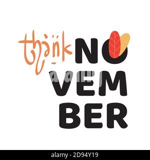 Vielen Dank Im November. Banner für die Herbstsaison. Plakat, Kartendesign mit Inschrift, bunte Aufdrucke Laub, Schriftzug Phrase. Konzept-Werbung. Stock Vektor