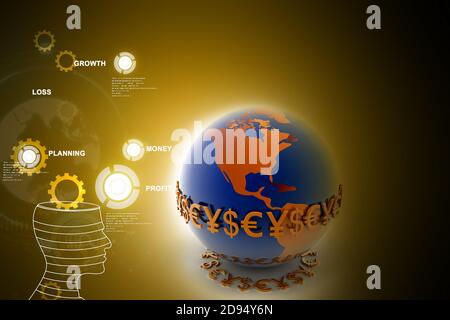 3d-Darstellung von Welt und Währung in Farbe Hintergrund Stockfoto