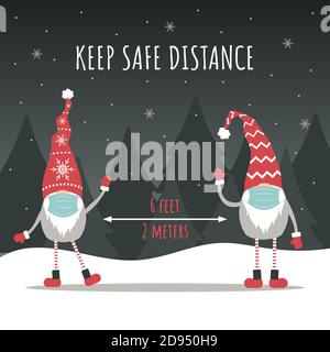 Behalte die soziale Distanz zu Weihnachten. Niedliche Gnome tragen eine schützende Gesichtsmasken von Coronavirus. Stock Vektor