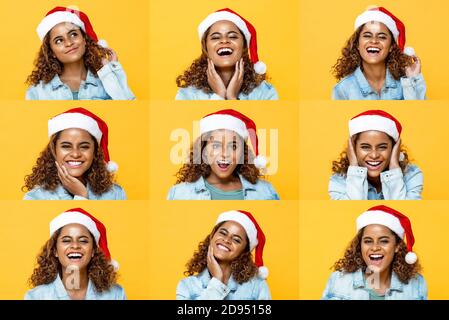 Lächelnde glückliche Frau trägt Weihnachtsmütze auf gelb isolierten Hintergrund, Satz von 9 Schauspielern Kopfschüsse Stockfoto