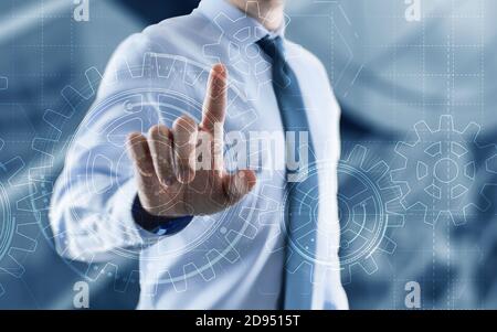 Geschäftsmann Hand zieht Gang zum Erfolg Konzept. 3D Gear Virtual-Bildschirm. Stockfoto