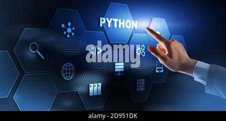 Python Programmiersprache. Programmierung Workflow abstrakten Algorithmus Konzept auf virtuellen Bildschirm. Stockfoto