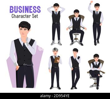 Zeichenvektorsatz Business man. Geschäftsmann Charaktere isoliert in weißem Hintergrund mit Denken, Stehen und Sitzen Pose und Gesten. Stock Vektor